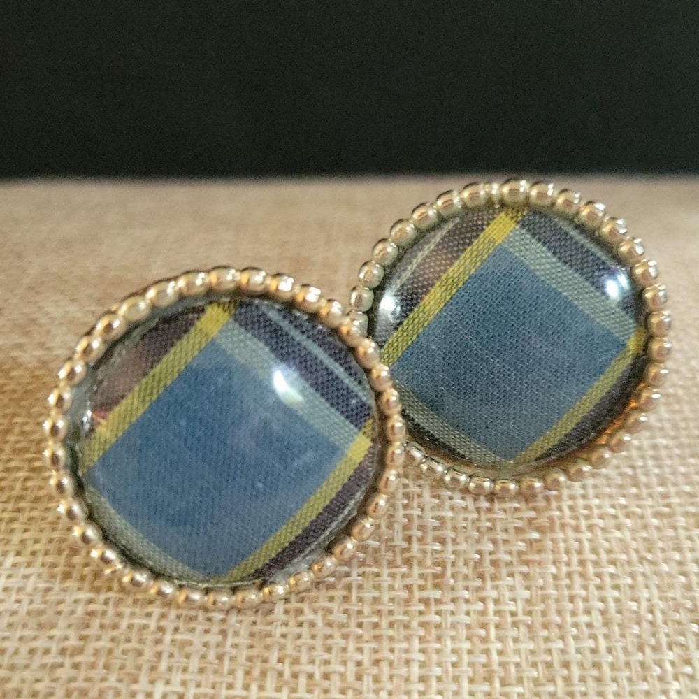 Vintage Blue Yellow Plaid Tartan Round Gold Tone Cufflinks Size Dark Academia